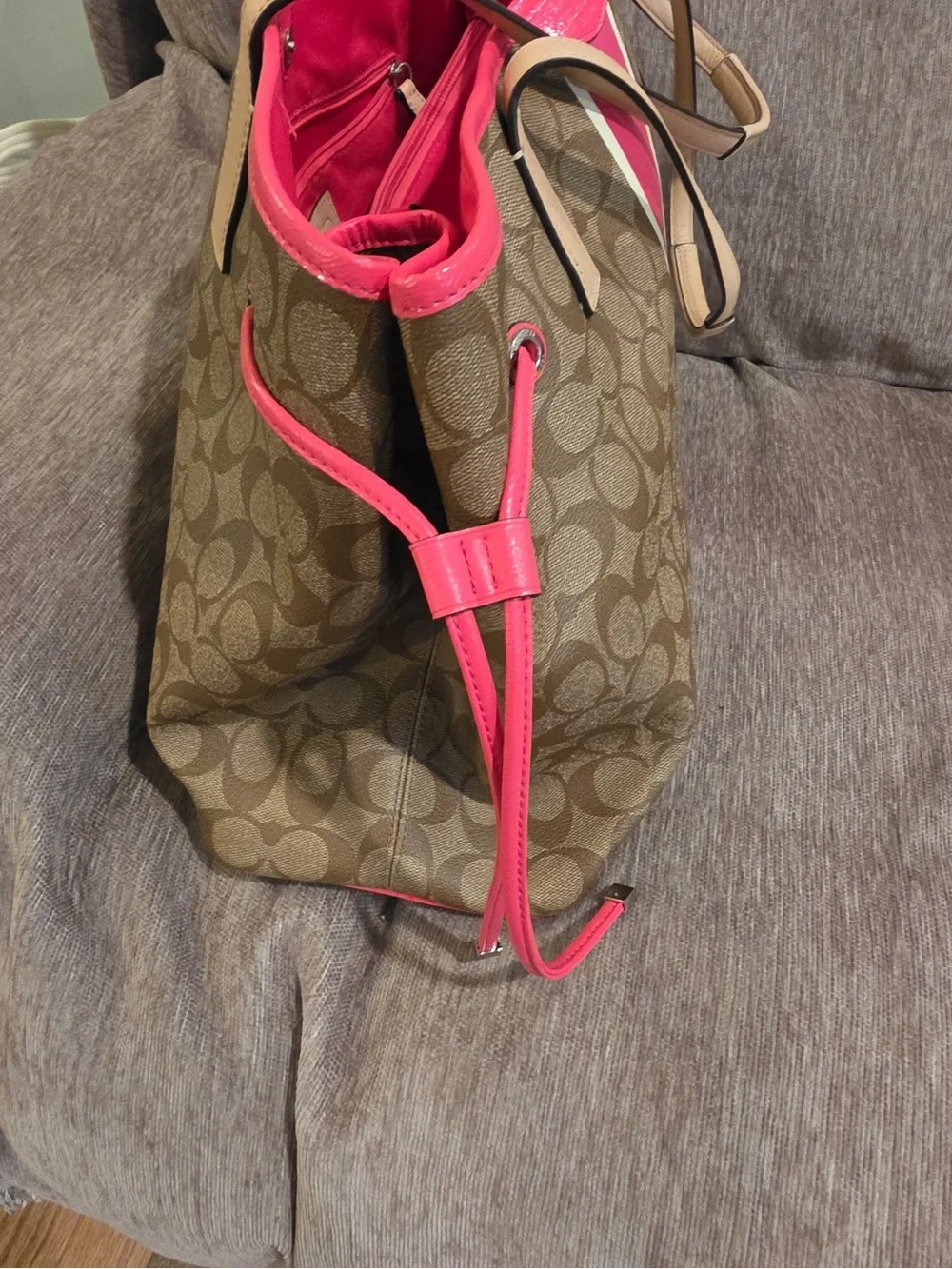 Sold Coach Brown Signature Tote with Pink Stripe